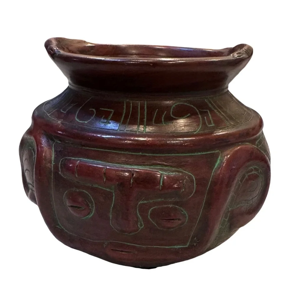 Handmade Red Clay Pottery Vessel Incised Tribal Face Design Green Accents 5